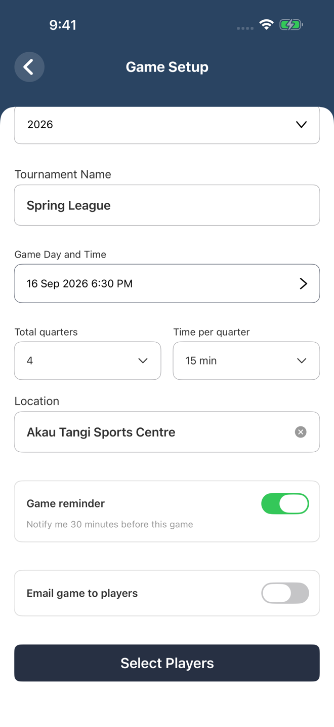 Game Setup with quarter timing, a manual venue, game reminder and player email options
