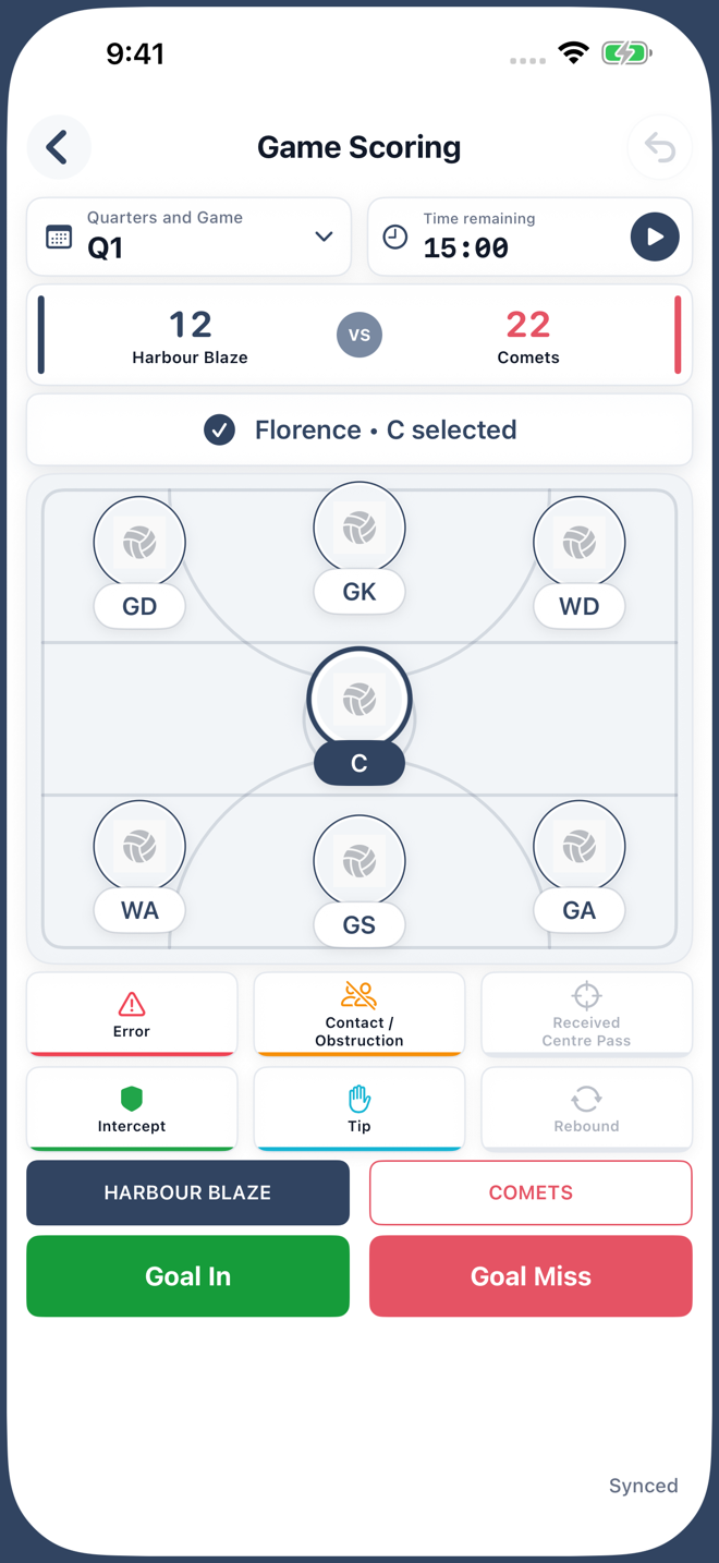 Latest Boost scoring screen with the selected player above the court and solid goal buttons