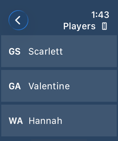 Boost's blue Apple Watch player list showing Goal Shooter Scarlett, Goal Attack Valentine, Wing Attack Hannah and the phone connection icon