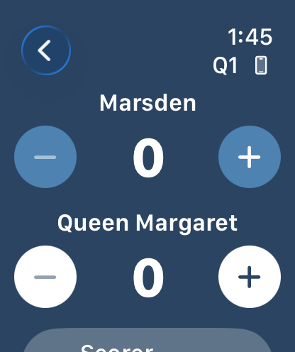 Boost's blue-and-white Apple Watch scoring screen showing Marsden versus Queen Margaret, quarter one and the phone connection icon